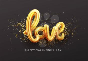 Gold letter love balloons. Shine glossy metallic balloons background. Vector illustration EPS10