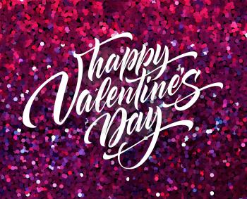 Happy Valentines Day lettering greeting card on red glitter background. Vector illustration EPS10