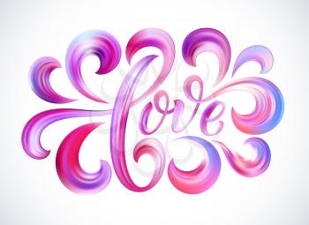 Love word hand drawn lettering. Color Paint brush texture. Modern calligraphy. Valentines Day Design for print on card, poster, banner. Vector illustration EPS10