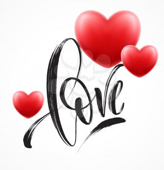 Love word hand drawn lettering with red heart. Vector illustration EPS10