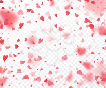 Heart confetti falling on transparent background. Valentines day card template. Vector illustration EPS10