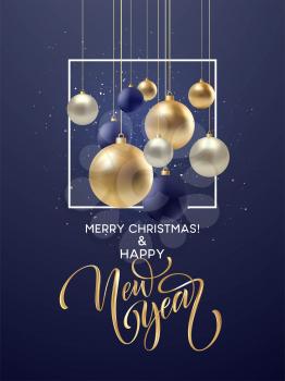 Christmas greeting card, design of xmas black, silvr, gold bauble with golden glitter confetti. Vector illustration EPS10