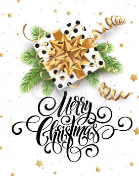 Merry Christmas handwriting script lettering. Christmas greeting background with a gift, streamers, confetti. Vector illustration EPS10