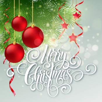 Merry Christmas handwriting script lettering. Greeting background with a Christmas tree and decorations. Vector illustration EPS10