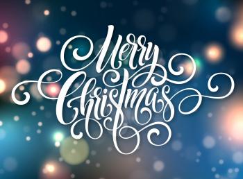 Merry Christmas handwriting script lettering. Christmas greeting background with bokeh. Vector illustration EPS10