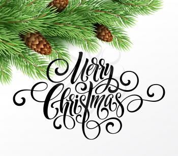 Greeting card with christmas tree and calligraphic sigh Merry Christmas. Vector holiday illustration EPS10