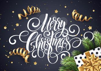 Merry Christmas handwriting script lettering. Christmas congratulatory background with a gift, streamers, confetti. Vector illustration EPS10