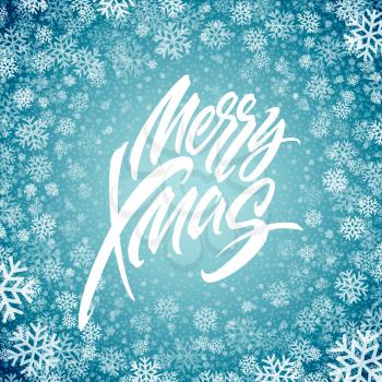Merry Christmas hand drawn lettering in snowflakes frame. Xmas icy calligraphy. Christmas frozen lettering in snowfall. Xmas isolated calligraphy in round frame. Banner, poster winter design. Vector