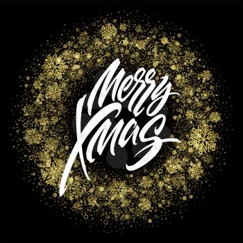 Merry Christmas lettering in glitter frame. Xmas confetti, golden dust and snowflakes round frame. Merry Christmas greeting isolated on black background. Postcard design. Vector illustration