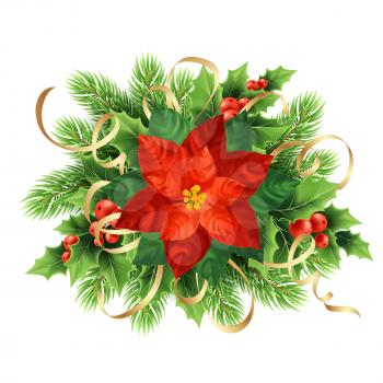 Red poinsettia flower Christmas illustration. Poinsettia flower, mistletoe berries, ivy, fir branches wreath. Christmas decoration with ribbons. Postcard floral design element. Isolated vector