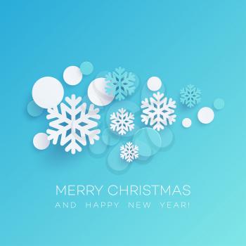 Snowflakes and round confetti paper cut illustration. Merry Christmas and Happy New Year greeting. Xmas decorations and paper cut elements. Poster, banner design. Isolated vector