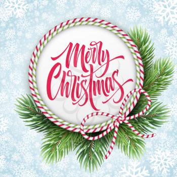 Merry Christmas lettering in circle rope frame. Xmas greeting with fir branches and striped bow. Merry Christmas calligraphy in round frame on snowflakes background. Poster design. Vector illustration