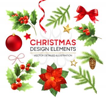 Christmas design elements set. Xmas decorations and objects. Poinsettia, fir branch, mistletoe berries, pinecone design elements. Christmas ball, ribbon and bow. Isolated vector detailed illustration