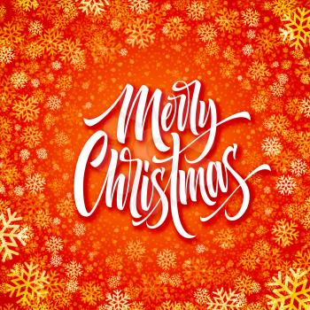 Merry Christmas hand drawn lettering in snowflakes frame. Xmas calligraphy on orange background. Christmas lettering with snowfall. Xmas calligraphy in round frame. Poster design. Isolated vector