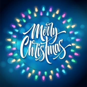 Merry Christmas lettering in gerland circle frame. Xmas string with glowing lights. Postcard, poster, banner design. Christmas greeting in garland round frame. Xmas decoration. Isolated vector