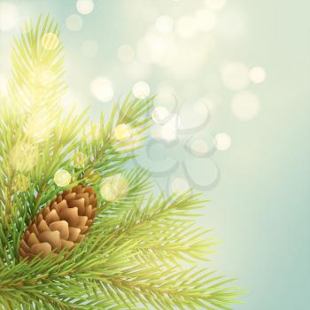 Realistic fir-tree branch with pinecone illustration. Spruce twig with bump on light background. Christmas decoration with glowing circle sparks. Postcard, banner design. Isolated vector