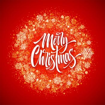 Merry Christmas lettering in glitter frame. Xmas confetti, golden dust and snowflakes round frame. Merry Christmas greeting isolated on orange background. Postcard design. Vector illustration