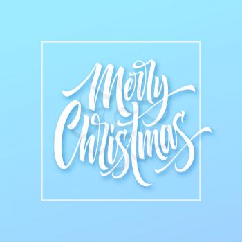 Merry Christmas hand drawn lettering in square frame. Xmas icy calligraphy. Christmas frozen lettering on blue background. Xmas framed calligraphy. Banner, poster design. Isolated vector illustration