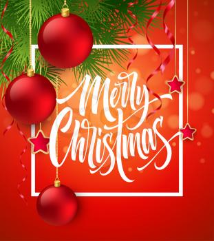 Merry Christmas lettering in square frame. Christmas balls, stars and tree branches decor. Merry Xmas square frame greeting on red background. Postcard, poster design. Isolated vector illustration