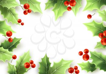 Christmas mistletoe green leaves and red berries frame. Merry Christmas and Happy New Year background design. Holly tree realistic frame. Mistletoe greeting card, banner design. Vector illustration