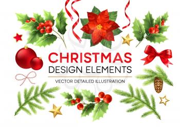 Christmas design elements set. Poinsettia, fir branch, mistletoe twigs with berries, pinecone design elements. Xmas decorations. Christmas ball, ribbon and bow. Isolated vector detailed illustration