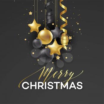 Poster Merry Christmas holiday. Premium calligraphy lettering with gold ornament decoration of golden ball on luxury black background. Vector illustration EPS10