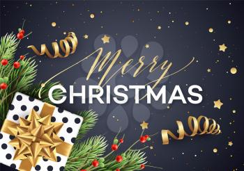 Merry Christmas greeting card vector template. Merry Christmas lettering with streamers, glitter, stars, fir tree branches, mistletoe twigs and present with golden bow. Xmas holiday banner design