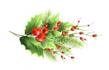 Christmas plants branches realistic vector illustration. Mistletoe with red berries and fir twig. Holly branch with berries. Isolated Xmas greeting card, poster and banner color design element