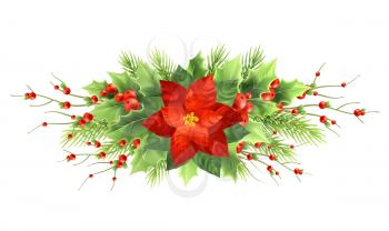 Christmas poinsettia flower realistic vector illustration. Holly, red berries, poinsettia and fir branches Christmas decoration. Xmas ornamental plants. Isolated banner, poster color design element