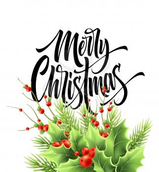 Merry Christmas greeting card vector template. Xmas hand lettering. Realistic decorative holly tree twigs with red berries and fir branch illustration. Poster, postcard isolated calligraphic lettering