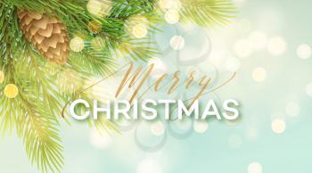 Merry Christmas banner vector template. Realistic fir tree branch with pinecone on blue background with bokeh effect. Xmas lettering with shadow and glowing golden sparkles. Poster, postcard design