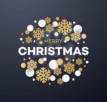 Merry Christmas greeting card vector template. Christmas lettering with decorative paper confetti and snowflakes. Golden and white papercut Xmas decorations. Poster color design element