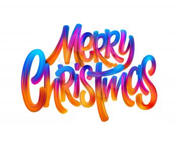 Merry christmas hand drawn oil paint lettering. Rainbow acrylic decoration on white background. Christmas gradient brushstrokes. Xmas paint lettering. Banner, poster 3d design element. Isolated vector