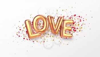 Balloons inscription Love on the background of the color gold glitter confetti. Vector illustration EPS10