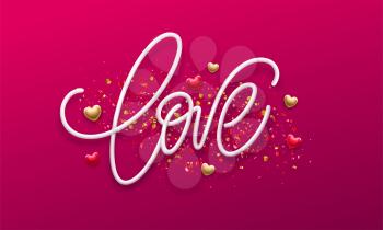 Calligraphic lettering Love. Happy Valentines day concept on a background of golden confetti. Vector illustration EPS10