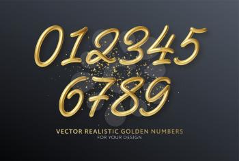 Realistic 3d lettering numbers isolated on black background. Golden numbers set. Decoration elements for banner, cover, birthday or anniversary party invitation design. Vector illustration EPS10