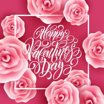 Valentines Day Lettering With Flying Roses background. Vector illustration EPS10
