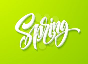 Hello Spring lettering. Hand drawn calligraphy, green background. Vector illustration EPS10