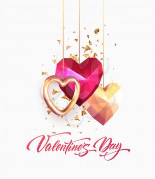 Valentines Day festive background with realistic metallic gold and red ruby low poly heart. Lettering Valenetine day. Vector illustration EPS10
