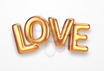 Realistic gold metallic lettering Love isolated on white background. Vector illustration EPS10