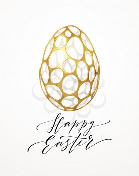 Easter greeting card with an image of an Easter egg in a golden organic realistic 3d grid pattern. Jewelry decoration. Luxury ornament. Vector illustration EPS10