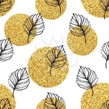 Gold autumn floral background. Glitter textured seamless pattern with fall golden and black leaf. Vector illustration EPS10