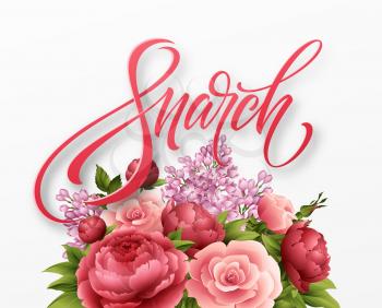 Happy womens day on March 8. Design of modern hand calligraphy with flower. Vector illustration EPS10