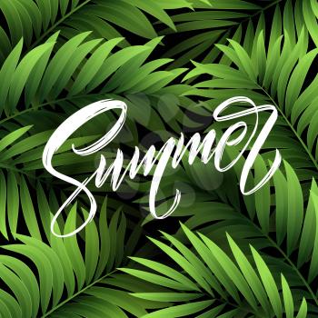 Summer lettering on palm leaf background. Vector illustration EPS10