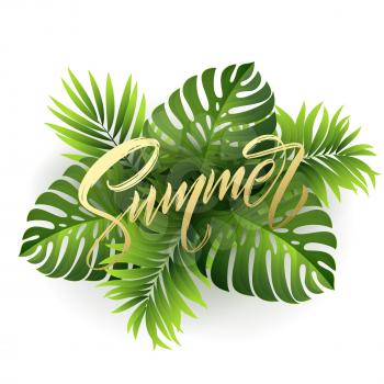 Summer lettering on palm leaf background. Vector illustration EPS10