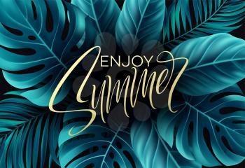 Vector banners with tropical leaves on black background. Exotic botanical design for cosmetics, spa, perfume, beauty salon, travel agency, florist shop. Wedding invitation cards EPS10