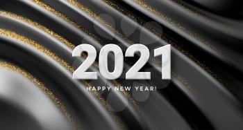 2021 realistic golden 3d inscription on the background of black silk wave. Vector illustration EPS10