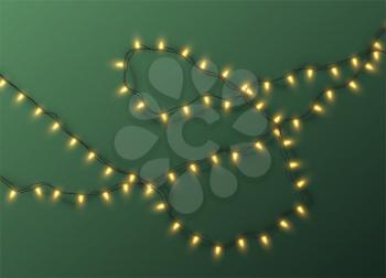 Christmas electric garland of light bulbs isolated on a green background. Vector illustration EPS10
