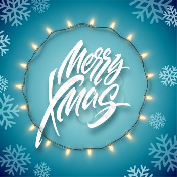 Christmas electric garland of light bulbs and merry christmas lettering on a blue background with snowflakes. Vector illustration EPS10