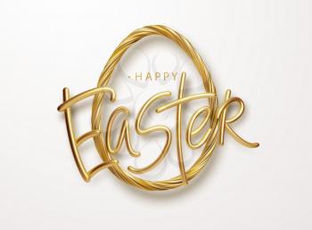 Modern trendy Golden metallic shiny typography Happy Easter on a background of easter eggs. 3D realistic lettering for the design of flyers, brochures, leaflets, posters and cards Vector illustration EPS10